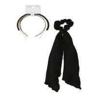 Bandele negre pentru femei Time and Tru și coada de cravată pentru păr, pachet de 3