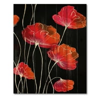 Designart 'detaliu abstract de flori roșii pe fundal negru II' imprimeu tradițional pe lemn Natural de pin