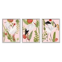 Stupell Industries Crane Bird Pink Botanicals Graphic Art Gray Framed Art Print Wall Art, Set de 3, Design de Melissa Wang