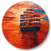 Designart 'Frigat în timpul strălucirii de seară roșie pe orizontul Oceanului' Nautical & Coastal Circle Metal Wall Art-Disc de