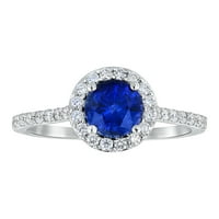 14k carate de Aur Alb TDW rotund albastru safir și diamant tradiționale Halo inel de nunta Set