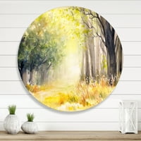 Designart 'Bright Sunshine Through the Yellow Forest Trees III' artă tradițională de perete din metal cerc-Disc de 11