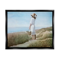 Stupell Industries femeie se bucură de plajă liniștită țărm peisaj vedere pictura Jet negru plutitoare înrămate panza imprimare