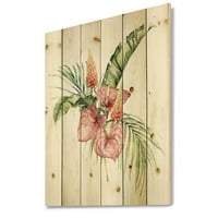 Buchet Tropical Designart 'cu lupin Anthurium și frunze pe alb II' imprimeu tradițional pe lemn Natural de pin