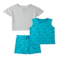 Wonder Nation Baby and Toddler Boy Henley cămașă, bluză și pantaloni scurți set de ținute, 3 piese, dimensiuni 12M-5T