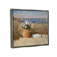Stupell Industries Coastal Flower Blossom Basket Windblown Beach Grass Painting Luster Gri Floating Framed Canvas Print Wall Art,