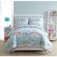 Acasă Albastru deschis Unicorn Rainbow daydreaming Kids set reversibil de pat într-o geantă, set de foi imprimate inclus